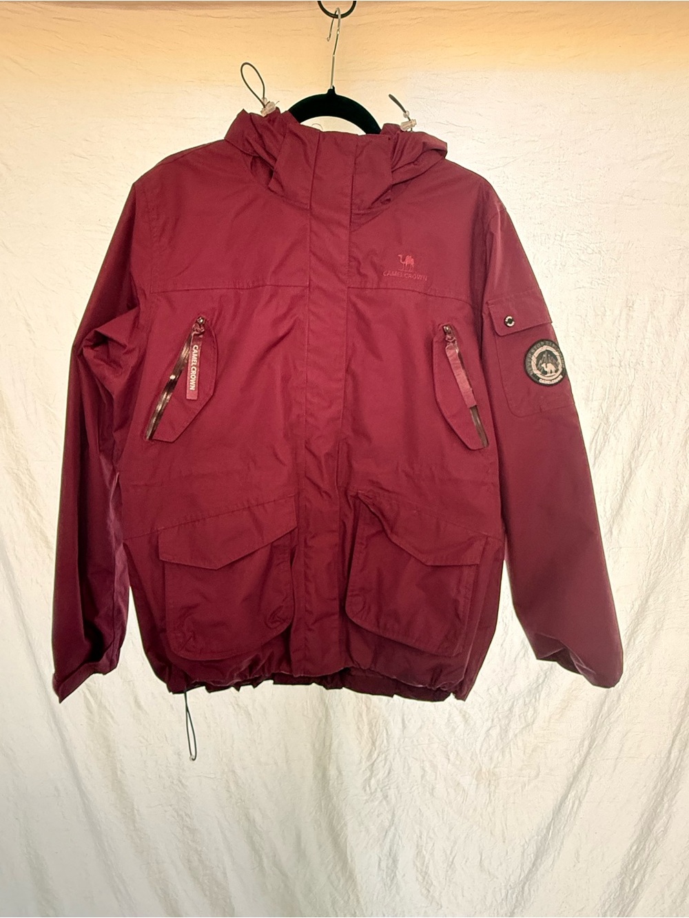 Men's Hooded Maroon Raincoat with Utility Pockets